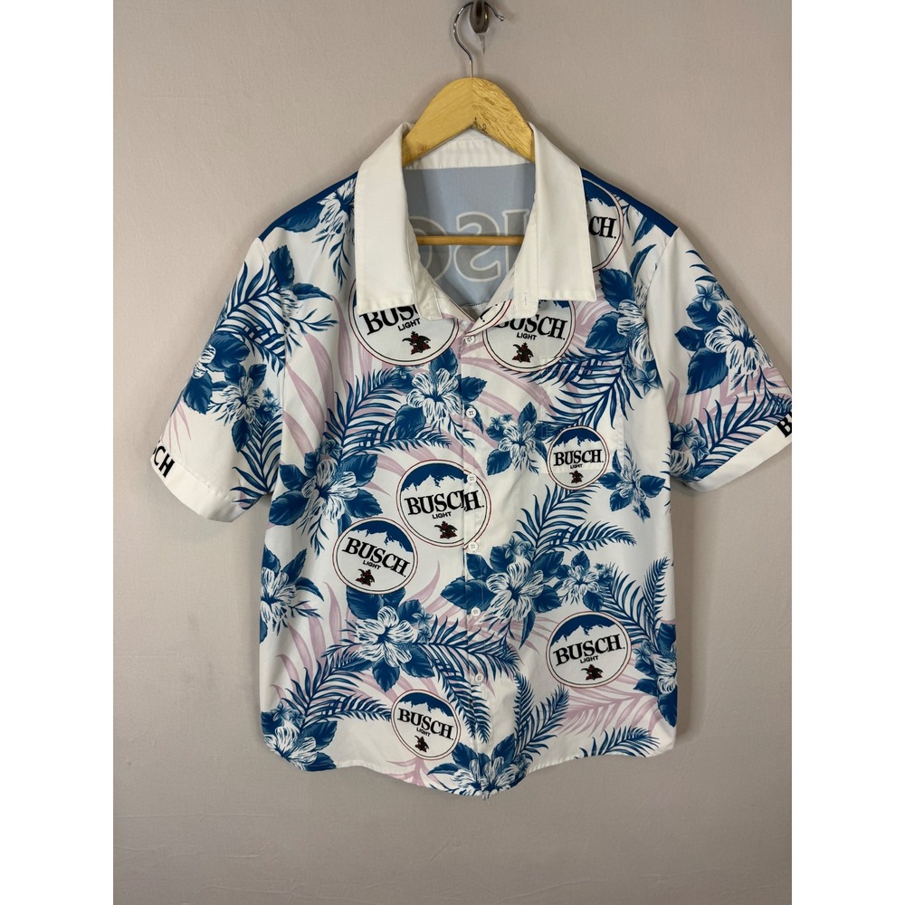 Busch Light Beer Tropical Hibiscus Floral Button Up Shirt Mens‎ Blue White L